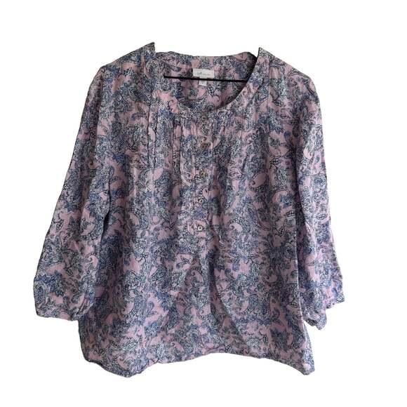 J. Jill Tops - J. Jill Love 100% Linen Pleat Front Pink Blue Size XL Blouse Casual Paisley